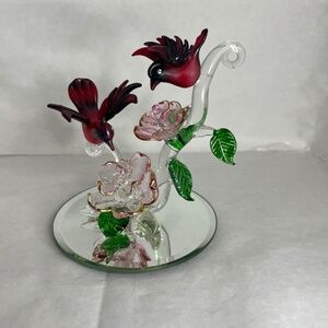 Vintage Hand Blown Spun Glass Cardinals with Pink Flowers &Gold Trim Mirror Base